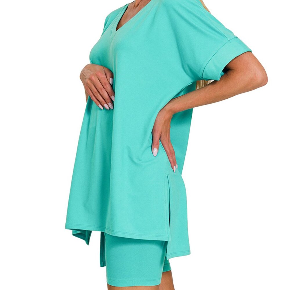 #312 BRUSHED MICROFIBER V-NECK HI-LOW HEM TOP & BIKER SHORTS SET